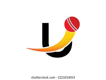 Letter U Cricket Logo Concept With Moving Cricket Ball Icon. Cricket Sports Logotype Symbol Vector Template Design.