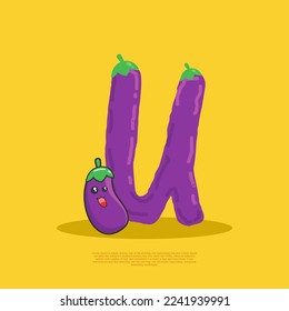 Letter U with cute eggplant sitting beside it. flat design vector