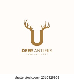 Letter U with Deer Antlers Logo Vector Image. Hunting Logo Inspirations