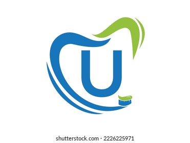 Letter U Dental Logo Design Template Inspiration With Tooth Brush Symbol , Vector Illustration