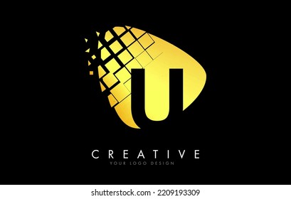 Letter  U  Design with golden Shattered Blocks Vector Illustration. Pixel art of the U letter logo. 