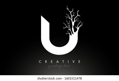 Letter U Design Logo with Creative Tree Branch. U Letter Tree Icon Logo  Vector Illustration.