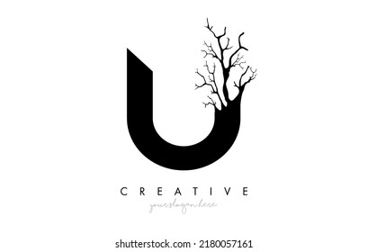 Letter U Design Logo with Creative Tree Branch. U Letter Tree Icon Logo  Vector Illustration.
