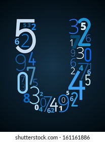 Letter U,  from different numbers typography vector font