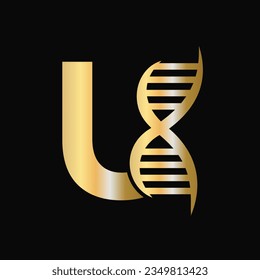 Letter U DNA Logo Design Concept With DNA Cell Icon. Health Care Symbol