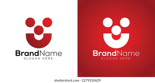 Letter U dog face logo design template on white and red background
