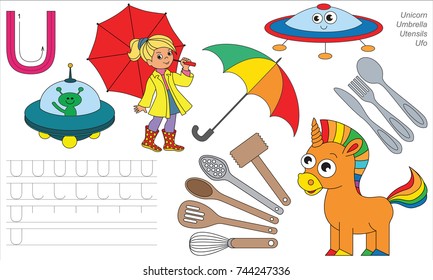 Letter U. Dot to dot educational game for kids.