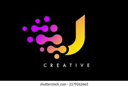 Letter U Dots Logo Design with Purple Yellow Colors on Black Background Vector. Bubbles Letter Logo Icon Vector Illustration