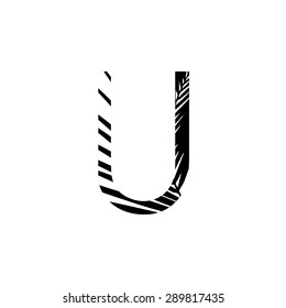 Letter U double exposure with black palm leaf  isolated. Vector illustration.Black and white double exposure silhouette letters combined with photograph of nature. 