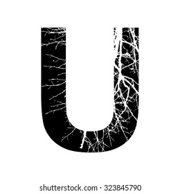  Letter U double exposure with white tree isolated on black background.Vector illustration.Black and white double exposure silhouette lettering combined with photograph of nature. Letters  alphabet.