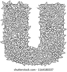 Letter U. Dudling drawing, mandala. Alphabet in the style of dudling, letters of the alphabet. Drawing from the branches of leaves, flowers.