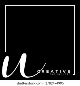 Buchstabe U — Vorlage für ein dynamisches weißes Typografie-Logo mit quadratischem Rahmen