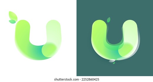 Letter U eco logo with green gradient and leaf in Glassmorphism style. Environment friendly icon made of overlapping parts. Perfect for agriculture art, waste recycling app, healthy food packaging.