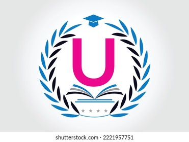 Carta U Con El Concepto Del Libro De Logotipos De Educación. Signo de la carrera de entrenamiento, Universidad, Diseño de la plantilla de vectores con el logotipo de graduación de la Academia.
