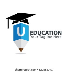 Letter U Education logo concept with pencil and book icon. Design template for education purposes