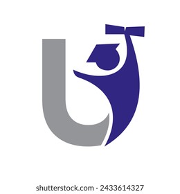 Letter U Education Logo Design. Graduation Symbol With Human Holding Graduation Paper Icon