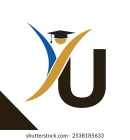 Letter U With Education Logo Design Vector Template. Graduation Hat Icon