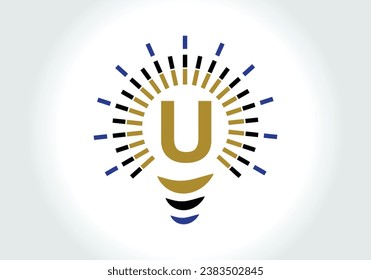 Letter U Electric Bulb Logo Design Vectorvorlage. Glühbirne mit Buchstabe Logotype Zeichen Symbol