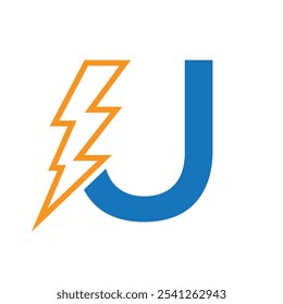 Letter U For Electric Logo Combination With Lightning Thunder Bolt Icon. Power Logo Design