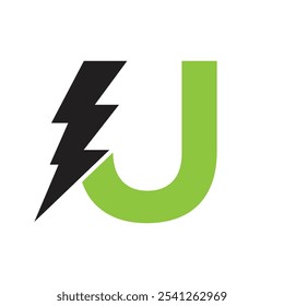 Letter U For Electric Logo Combination With Lightning Thunder Bolt Icon. Power Logo Design