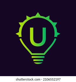 Letter U Electric Logo, Letter U With Light Bulb Vector Template. Eco Energy Power Electricity, Think Idea, Inspiration, Energy Recycle Concept