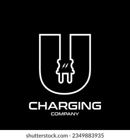 Letter U Electric Plug vector logo template. Technology background. This alphabet is suitable for energy, power, cable, wire, electrical, device, connect.