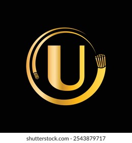 Letra U con alambre eléctrico, cable de fibra óptica Logotipo Diseño Vector Plantilla.