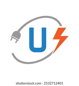 Letter U Electrical Logo Concept With Electric Plug and Power Symbol. Electric Logo Design