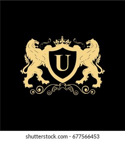 Letter U Elegant logo with two lions and shield vector design. Coat of arms