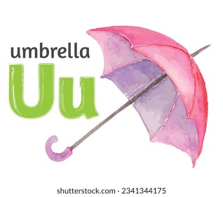 The letter U of the English alphabet with the image of an umbrella in watercolor on a white background.