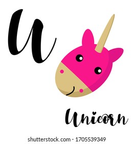 Letter "U" of the English alphabet with a unicorn picture. A card for children, kindergarten, teachers, schools, parents, apps and websites. Vector illustration in flat style.