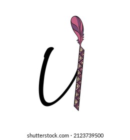Letter U of English. Latin alphabet letter decorated with feathers and arrows, monogram vector illustration in simple boho style, indian flat decorative inscription