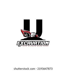 Letra U del vector de la plantilla de concepto del logotipo de la excavadora.