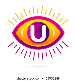 Letter U with eye icon on white. Vector eye care logo template.