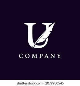 Letter U with Feather Quill Pen Notary Writer Journalist Logo Design Inspiration