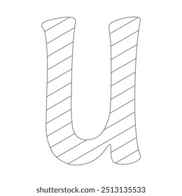 La letra U se rellenó con rayas diagonales que van desde la esquina superior izquierda hasta la esquina inferior derecha. Hojas de trabajo de letras de jardín de infantes, coloreando la letra U, con varios colores como desee.