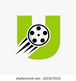 Letter U Film Logo Concept With Film Reel For Media Sign, Movie Director Symbol Vector Template