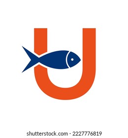 Letter U Fish Logo, Ocean Logo Vector Template 