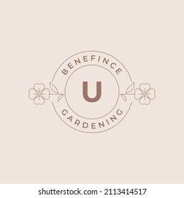 Letter U Flower Logos Emblem Design Template with Botanical Plants and Petals Vector Illustrations Minimal Line Art Style. Outline Symbols for Cosmetics and Packaging or Floral Products Branding