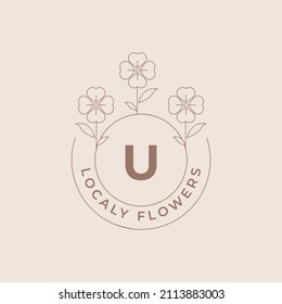 Letra U Flor Logotipo Emblem Plantilla de diseño con plantas botánicas y Petals Ilustraciones vectoriales estilo Art de línea mínimo. Símbolos de esquema para la promoción de marca de cosméticos y embalajes o productos florales