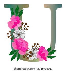  Letter U with flowers, isolated on white background. Isolated object, vector.