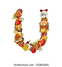 Letter U food. Edible sign alphabet from pizza and hamburger. Feed template elements ABC. meat concept type as logo. tortilla and taco. Donuts and FAstfood. Hotdog and cookies. Pork and cake