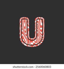 Letter U from fresh raw meat fish. Vector latin meat alphabet. Red meat salmon font for restaurants, butcher shop, farmers market, Salmon fillet marble texture, fish pattern. 