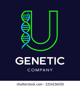 Letter U Genetic DNA vector logo template. Design with chromosome symbol. This logo is suitable for research, science, medical, logotype, technology, lab, molecule, protein, nucleus, spiral.