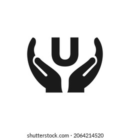 Carta U con el diseño del logo de la mano. Diseño de logotipo de mano en la plantilla de vector carta U