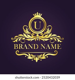 Letter U Golden Crown Logo Vector Illustration.