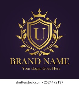 Letter U golden crown logo vector illustration.