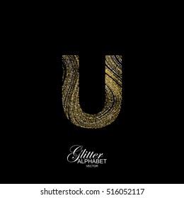Letter U of golden and silver glitters. Typographic vector element for design. Part of marble texture imitation alphabet. Letter U with diffusion glitter lines swirly pattern. Vector illustration