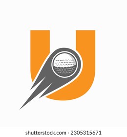 Letter U Golf Logo Concept With Moving Golf Ball Icon. Hockey Sports Logotype Symbol Vector Template