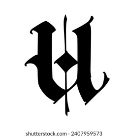 The letter U in the Gothic style. Vector. Old alphabet. The symbol is isolated on a white background. Calligraphic, medieval Latin letter. Logo for the company. Monogram. An elegant font for a tattoo.